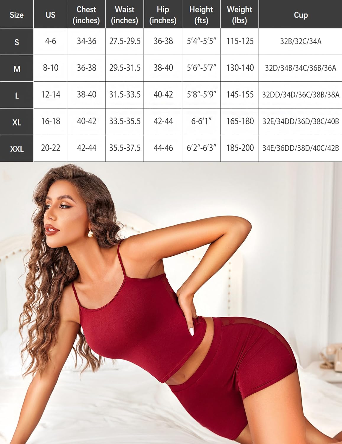 Red sheer heart lace pajama set with camisole and matching short bottoms