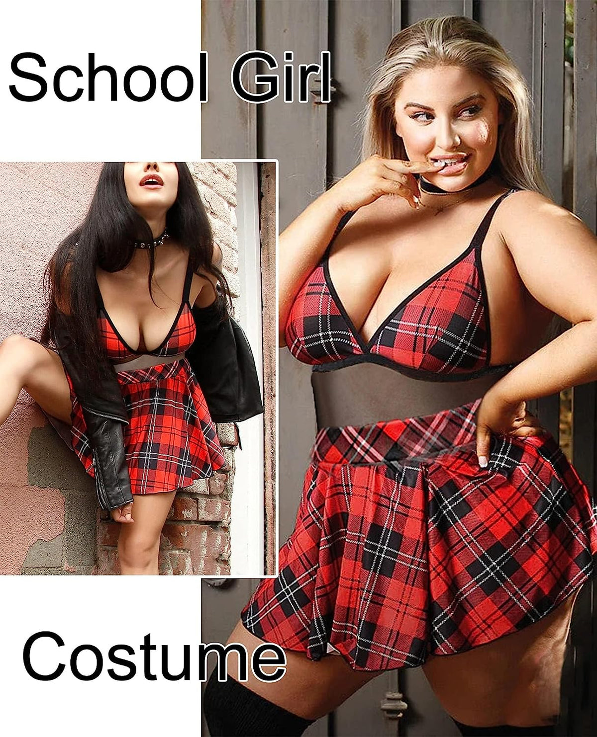 Red tartan snap-crotch dress with black mesh top, halter straps, and bow