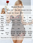 Women’s chemise size chart with bust, waist, hip, and length measurements