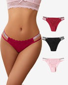 Cotton hipster panties in dark red floral lace with scalloped edges and striped waistband trim