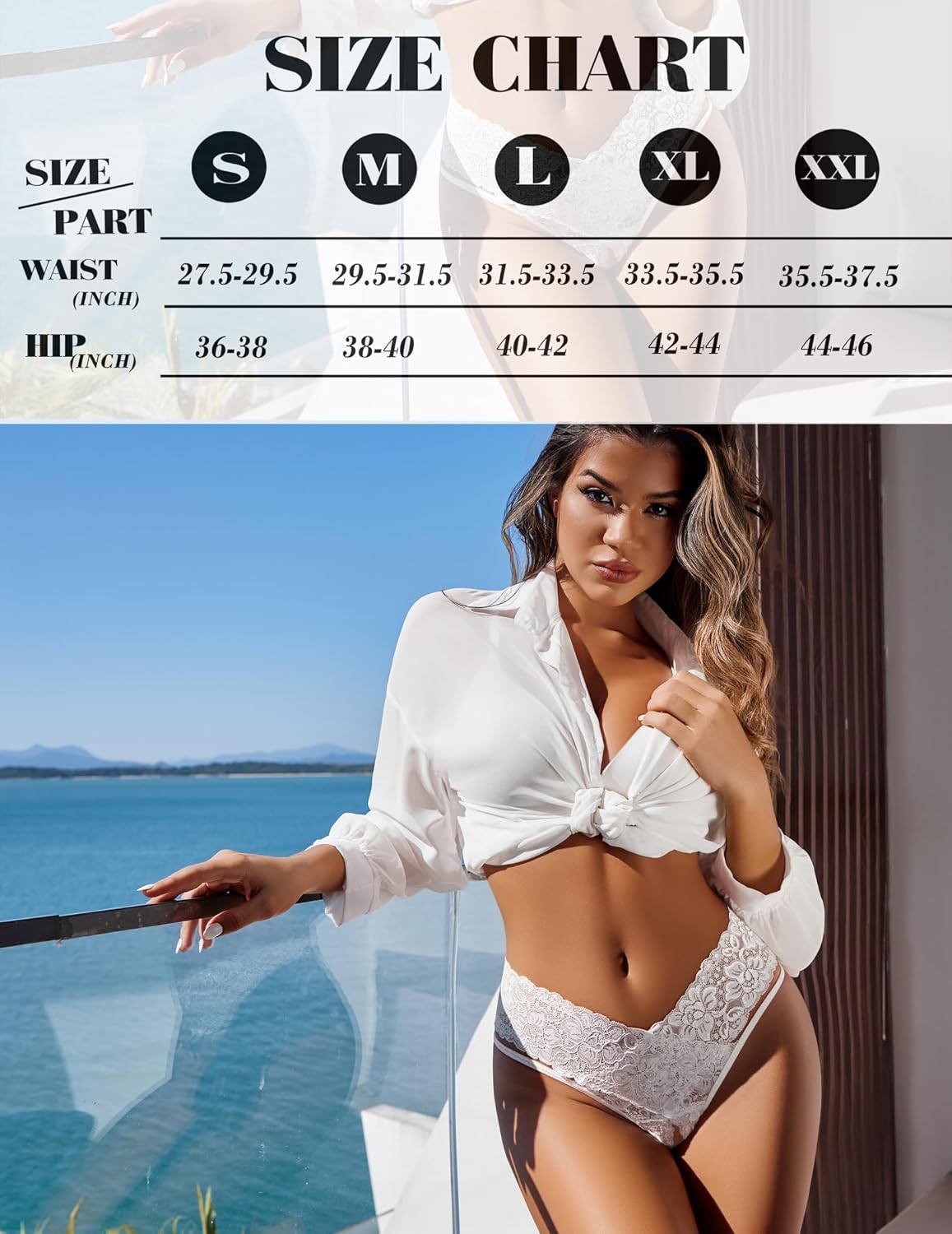 White lace V-shape cheeky panties on model, mid-rise with lace trim