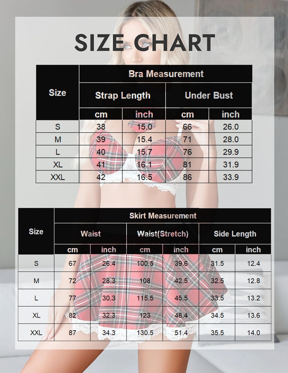 Size chart for schoolgirl bra and skirt measurements, strap length and waist