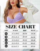 Lilac lace bra and panty set with size chart graphic overlay
