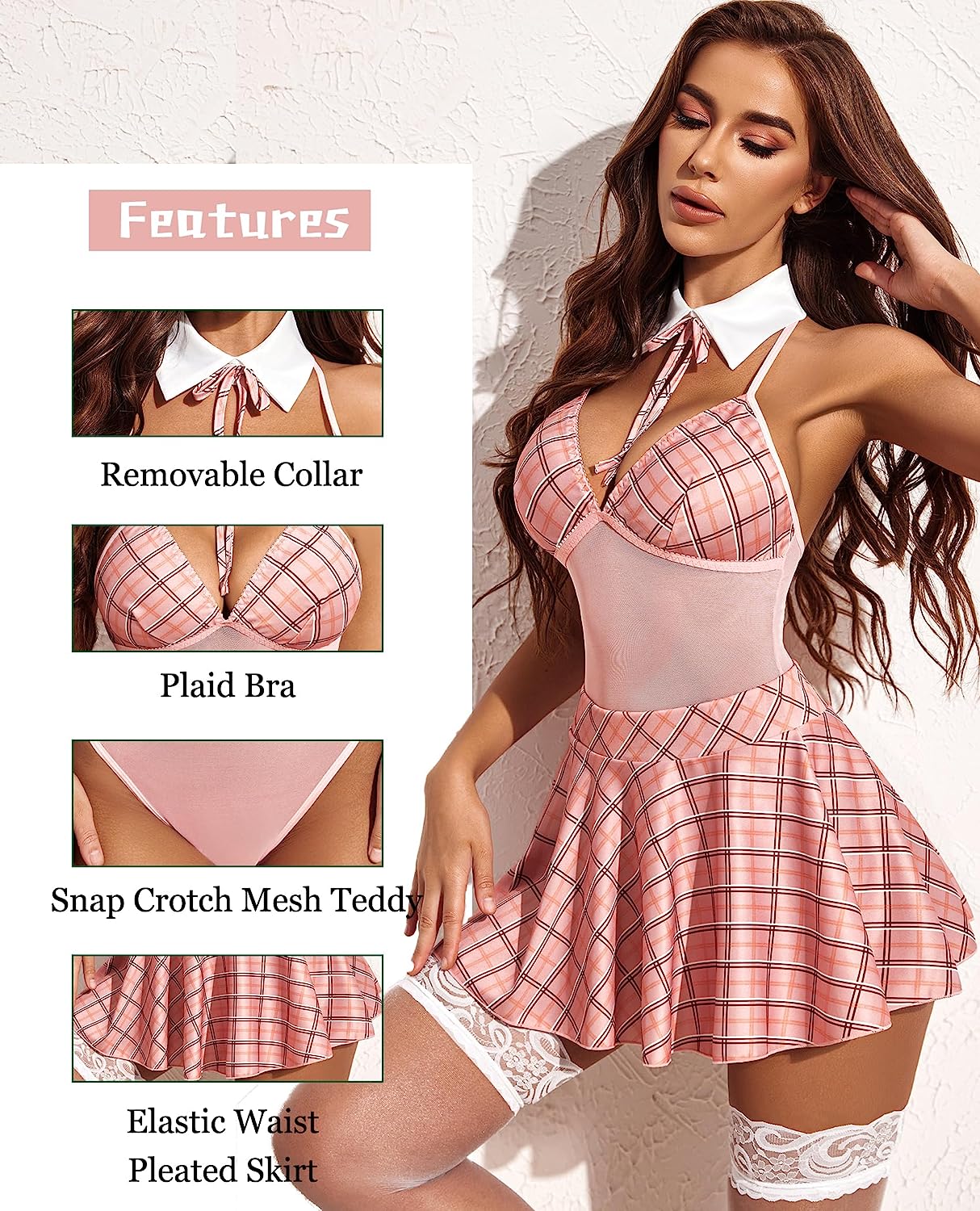 Pink plaid snap-crotch dress with white bow collar, pleated skirt, and lace trim