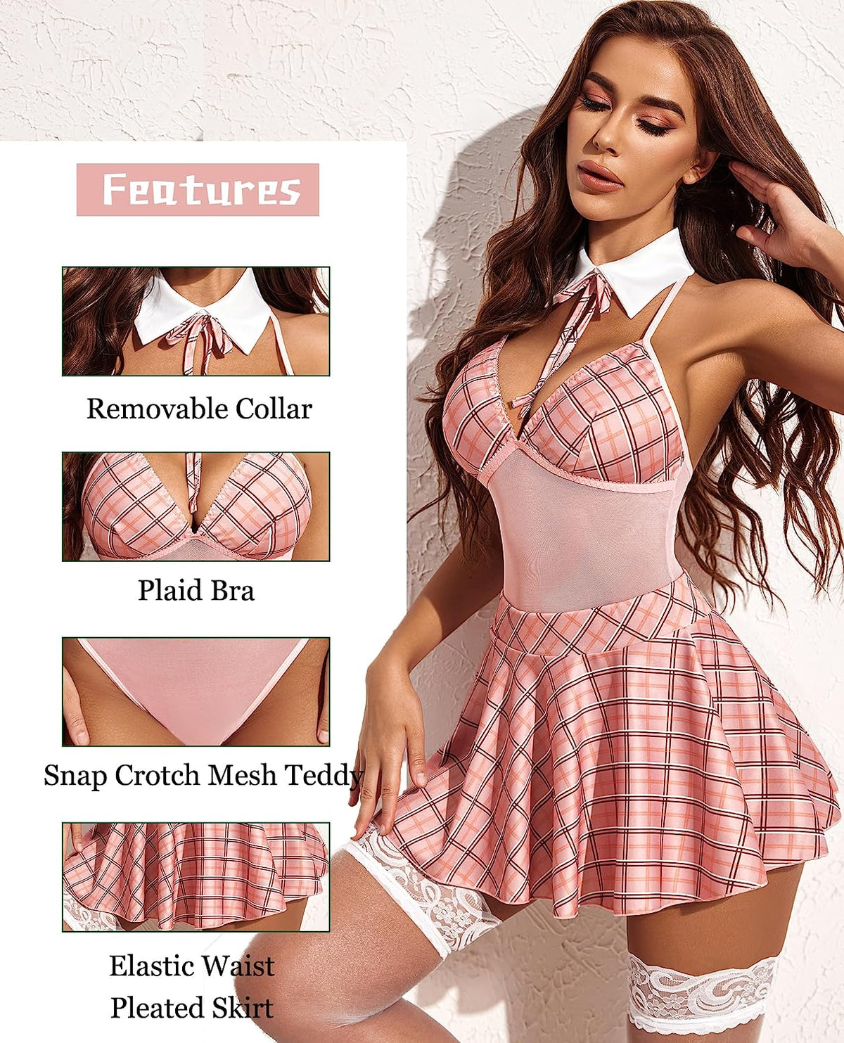 Pink plaid snap-crotch dress with white bow collar, pleated skirt, and lace trim