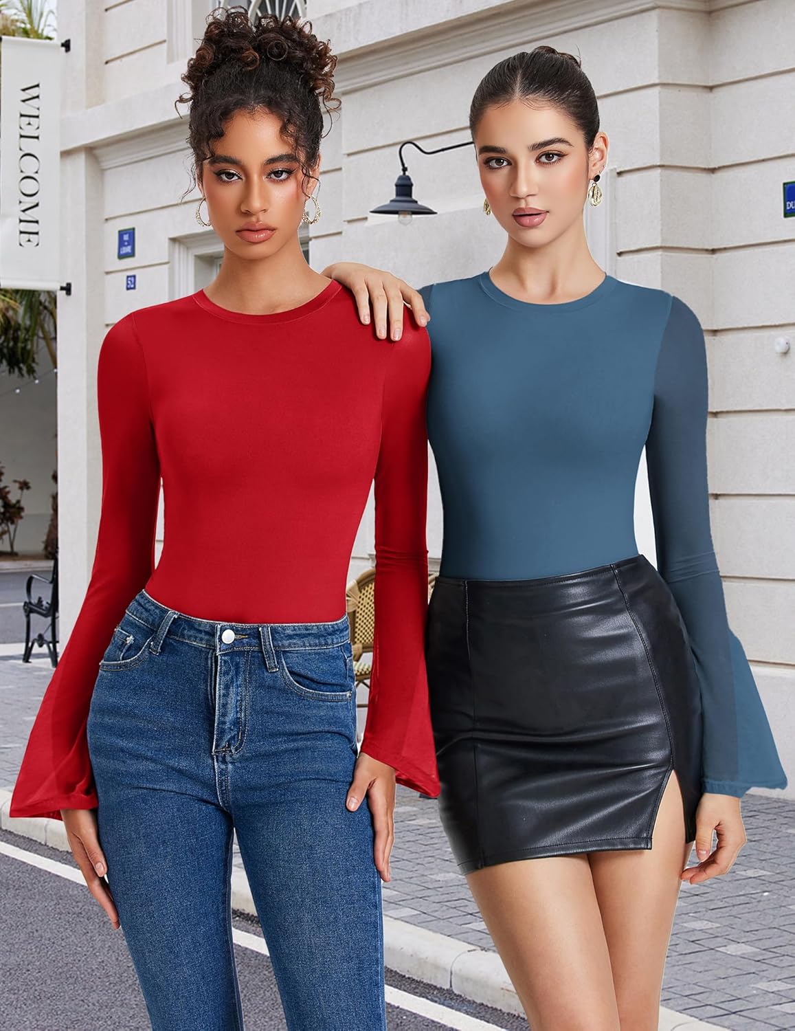 Red and blue long sleeve bodysuits with flared sleeves; high-cut legs, fitted fit.