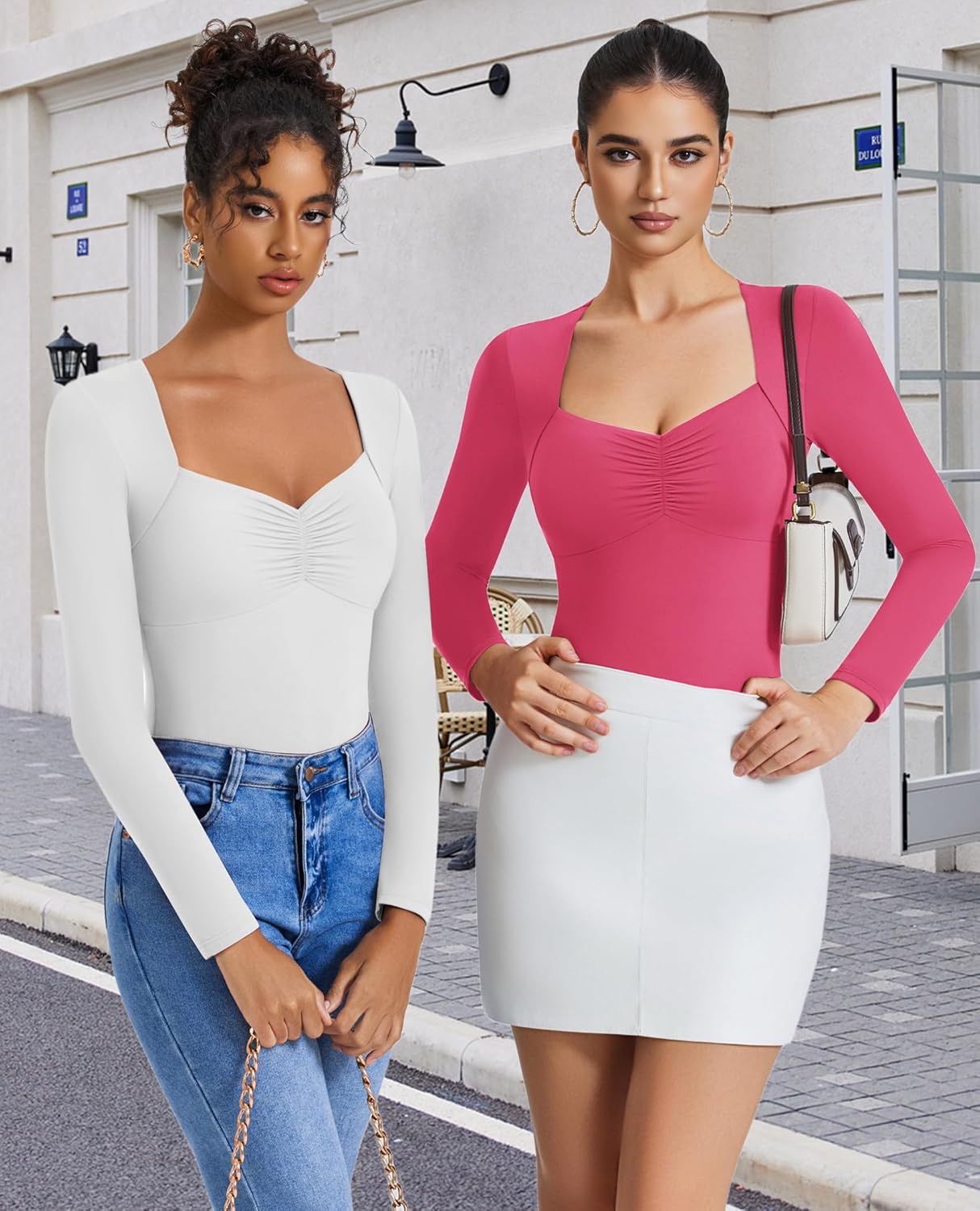Sweetheart neckline bodysuit top set: white long-sleeve and rose pink long-sleeve