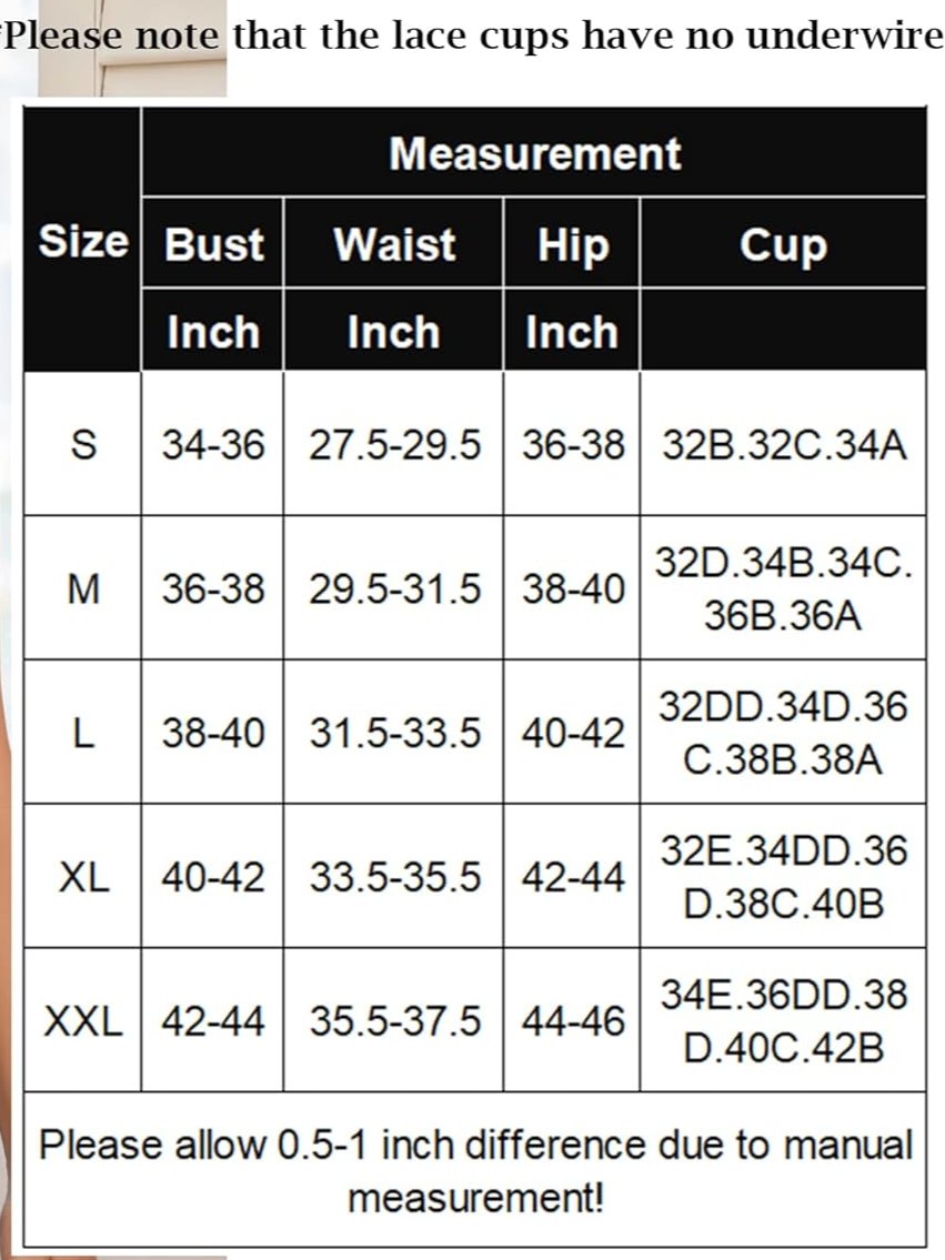 Lace bodysuit measurement chart showing bust, waist, hip, and cup sizes