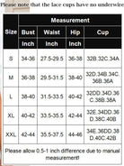 Lace bodysuit measurement chart showing bust, waist, hip, and cup sizes