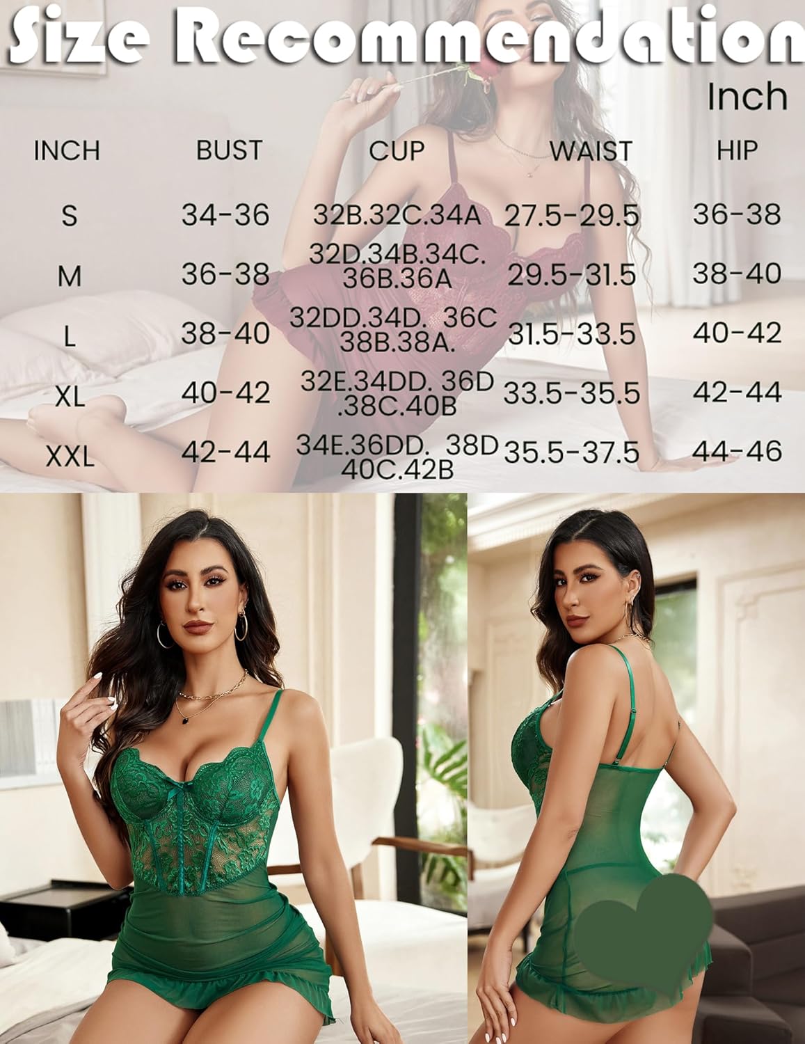 Size chart with model photos for green lace babydoll hip dress