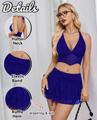 Royal blue halter V-neck crop top and ruched elastic ruffle mini skirt set