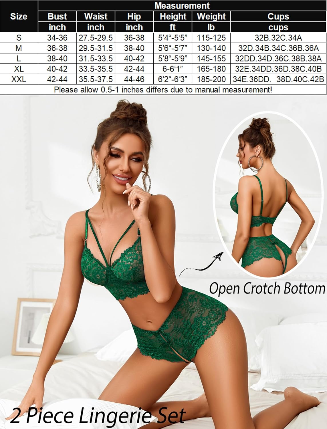 Lace bra and panty set in dark green with open crotch bottom design