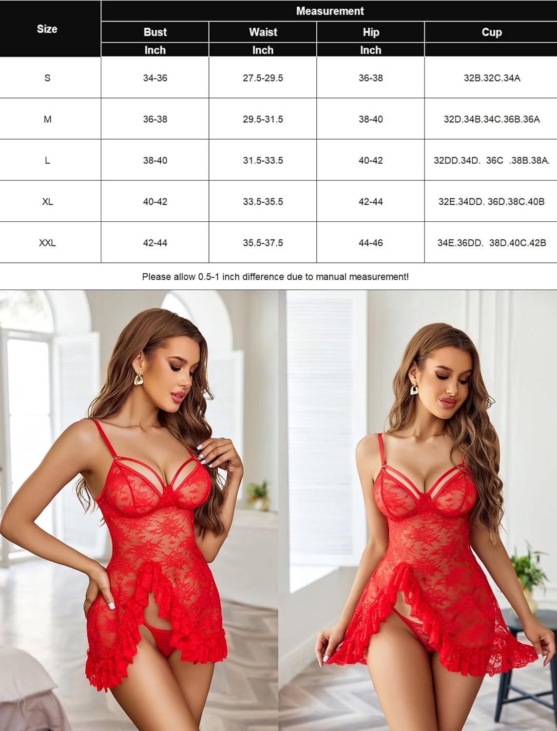 Red lace mesh sleep dress with ruffle hem and adjustable straps, size chart shown