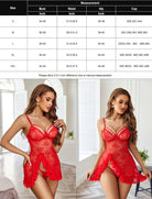Red lace mesh sleep dress with ruffle hem and adjustable straps, size chart shown