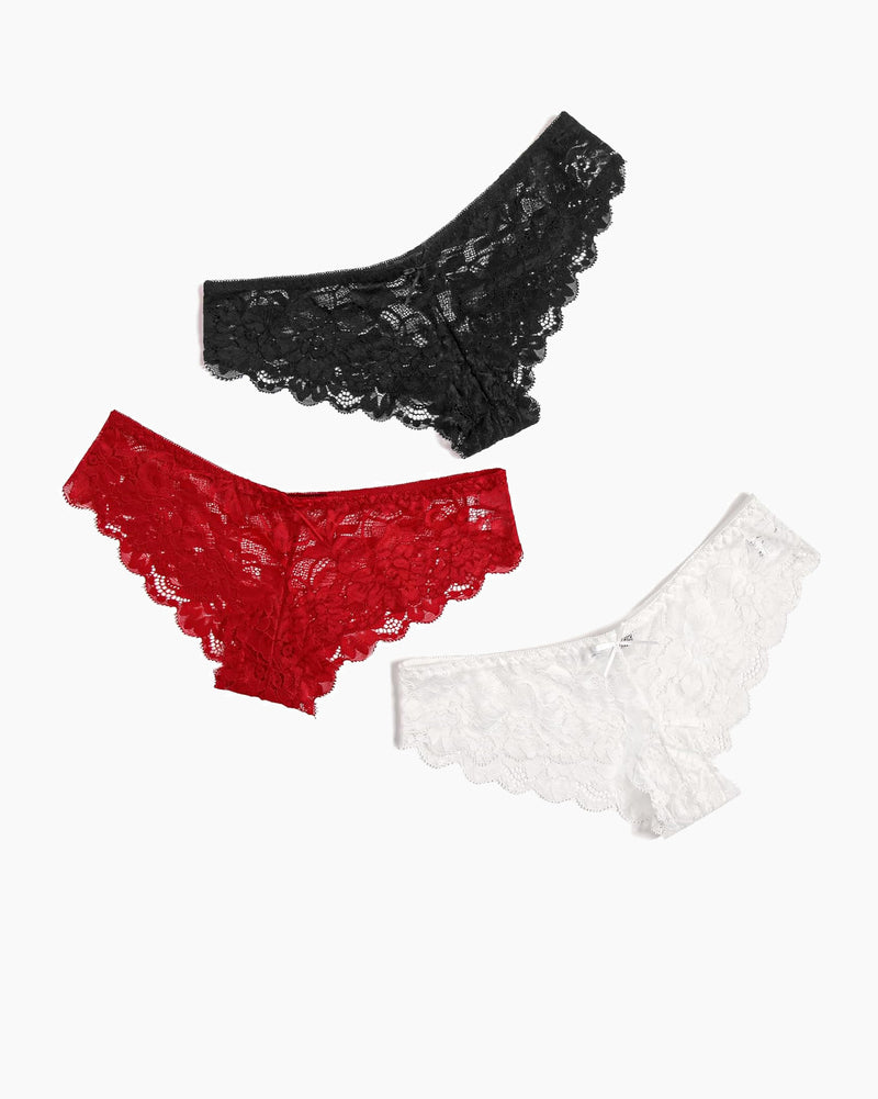 Floral lace hipster panties set in black, red, and white