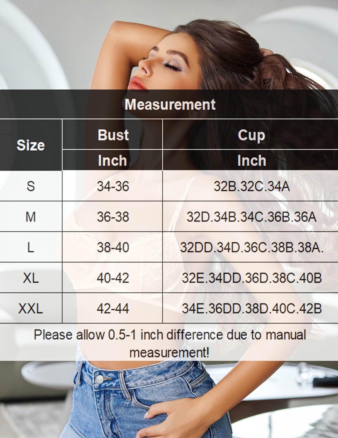 Bra sizing measurement chart overlay with bust and cup table
