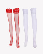 Fishnet high stockings in red and white, lace ruffle tops