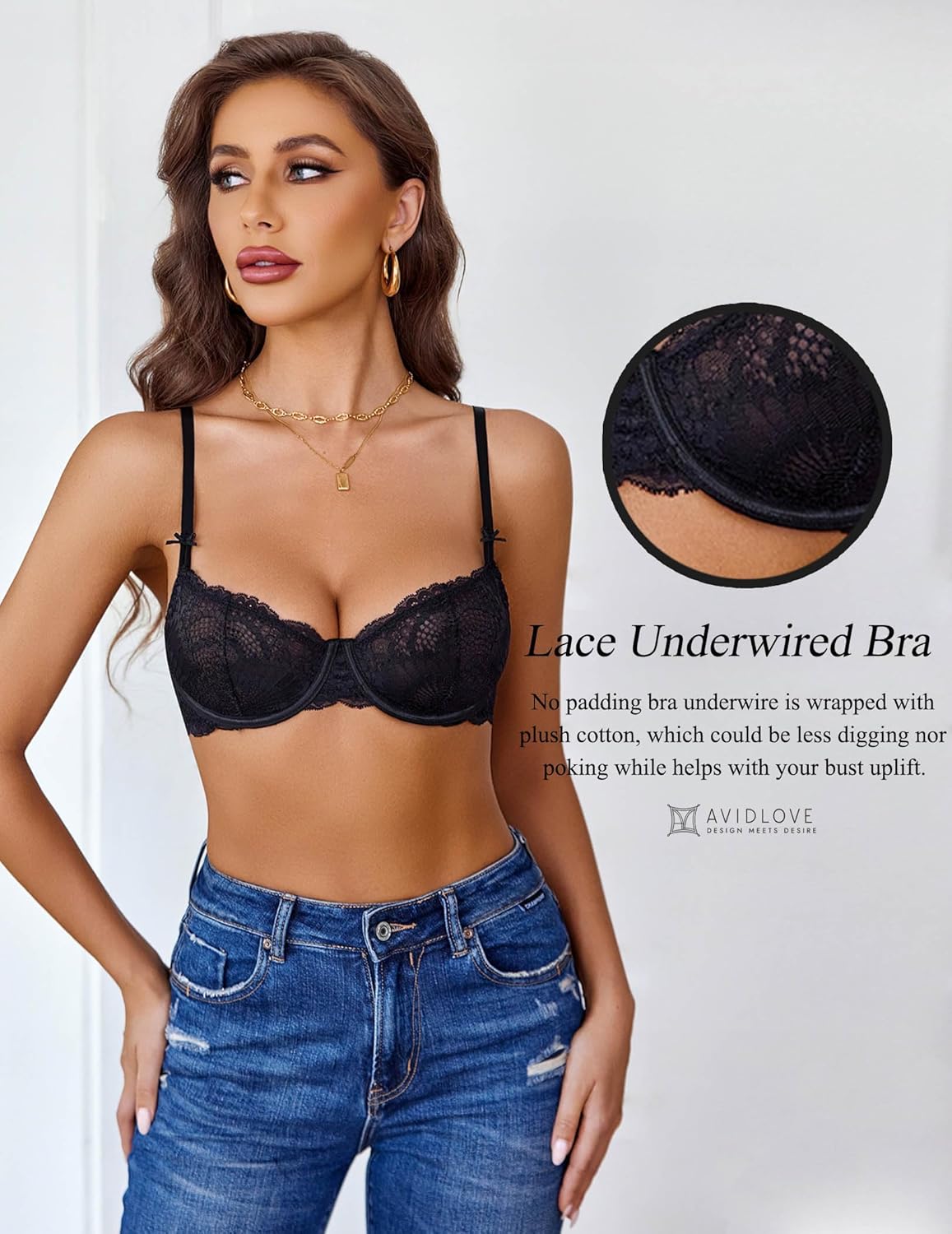 Lace underwire bra in black, sheer cups with underwire and adjustable shoulder straps