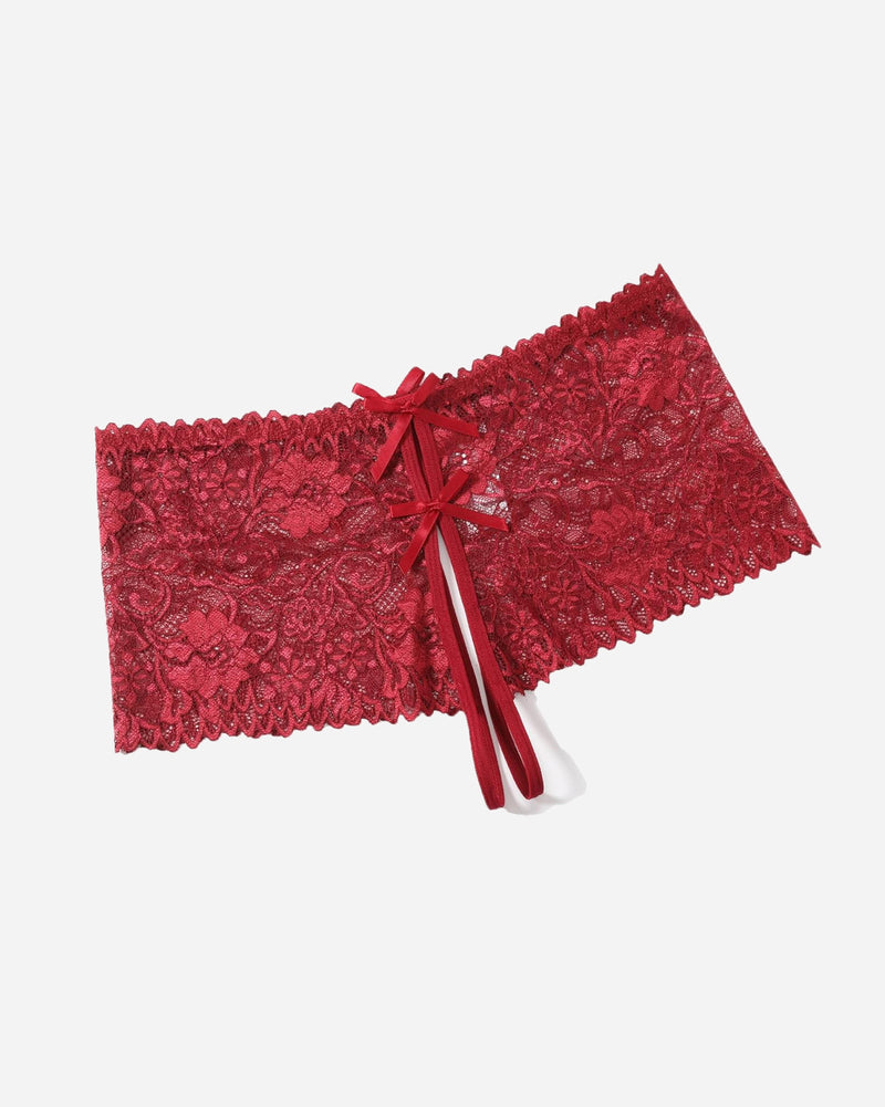 Dark red high-waist lace panty with scalloped edge and center ribbon bow