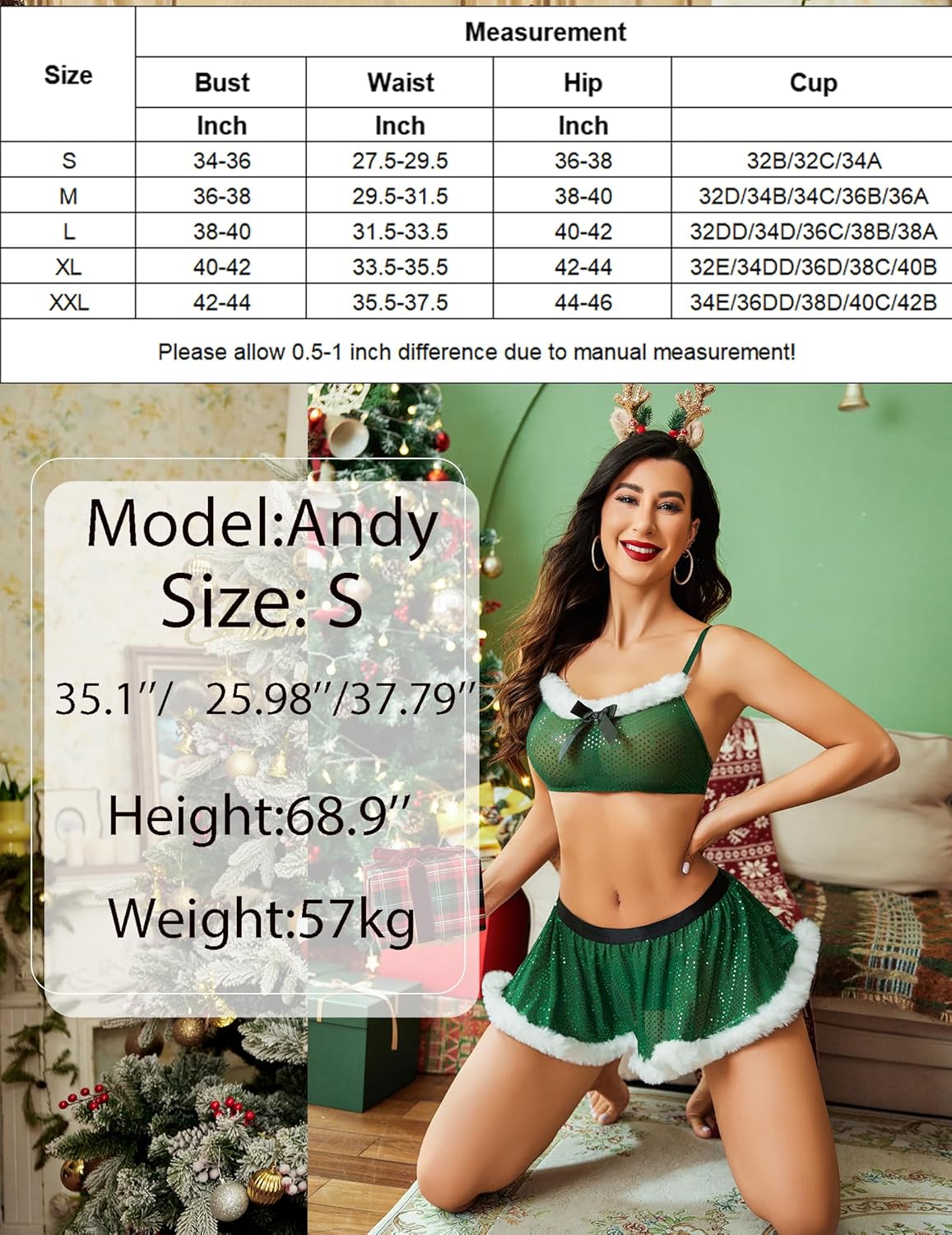 Green Santa lingerie set with size chart overlay; bralette with black bow and mini skirt