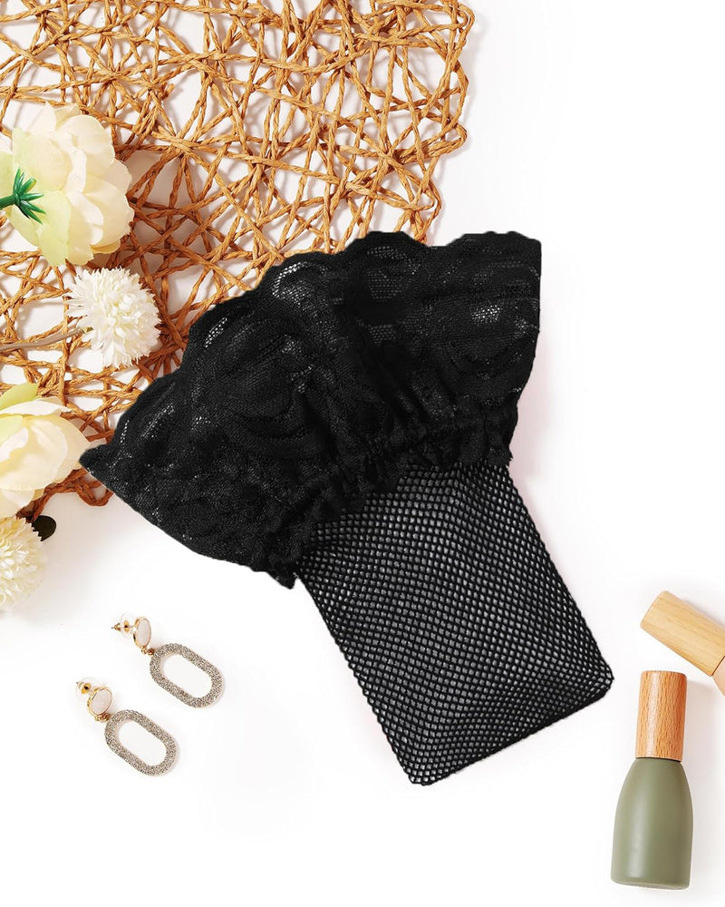 Black fishnet high stockings with lace ruffle top, laid flat