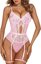 Pink floral embroidered lace bodysuit with garter belt straps
