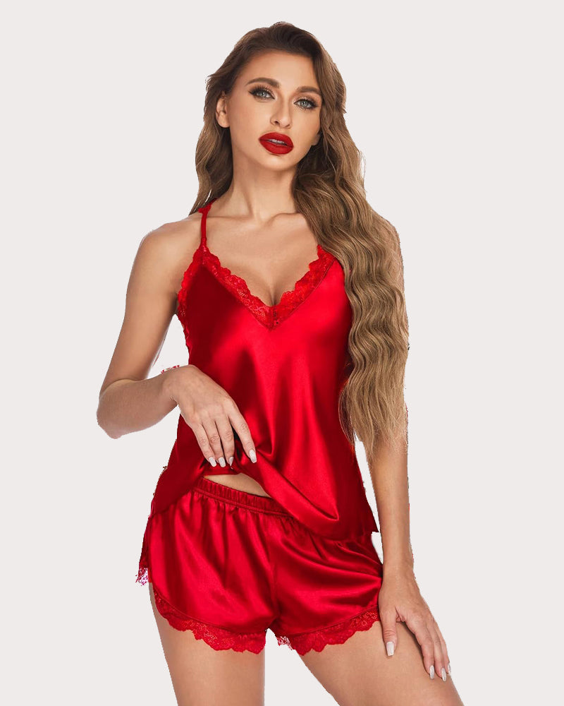 Red satin cami and shorts pajama set with lace trim, adjustable spaghetti straps