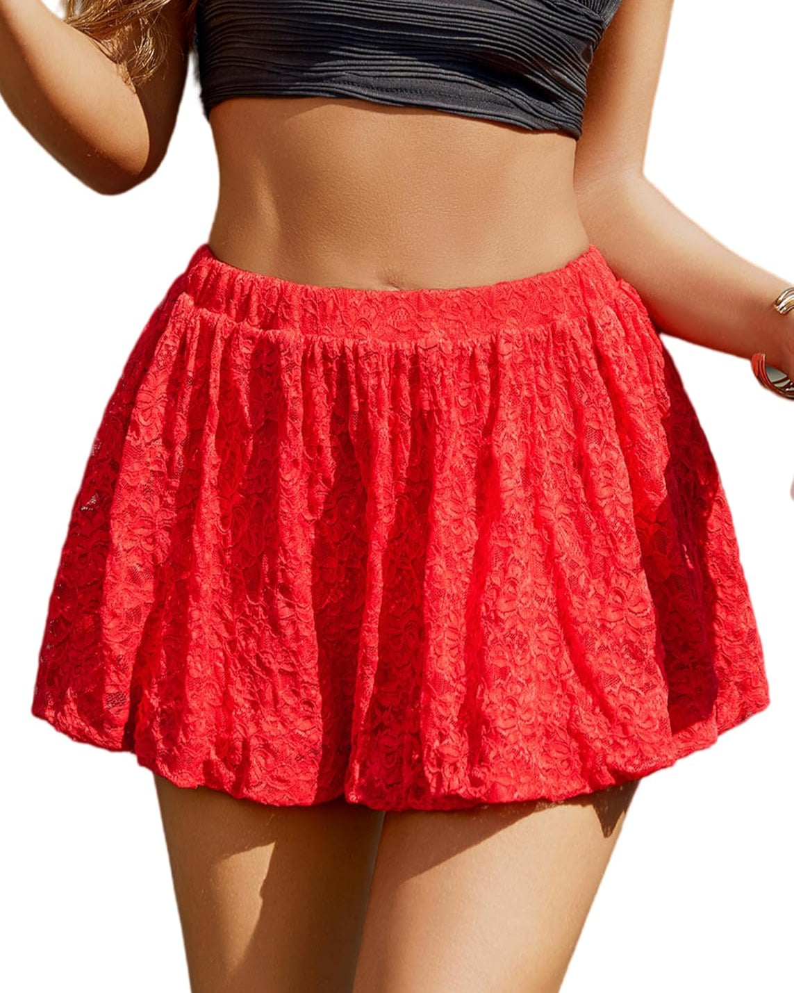 Red pleated bubble skirt with gathered waist and textured floral-like pattern