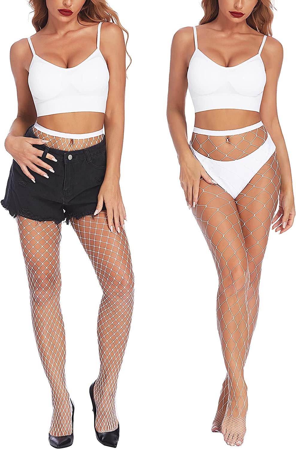 White fishnet stockings with diamond net pattern and elastic top band