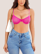 Sheer mesh unlined underwire bra, pink, front view with underwire cups and straps