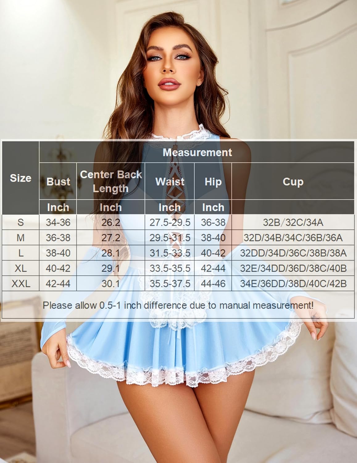 Light blue maid lingerie costume with sheer gloves and lace-trim ruffled skirt