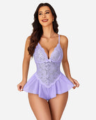 Lilac lace bodysuit one-piece teddy with deep V neckline and tiered ruffle hem