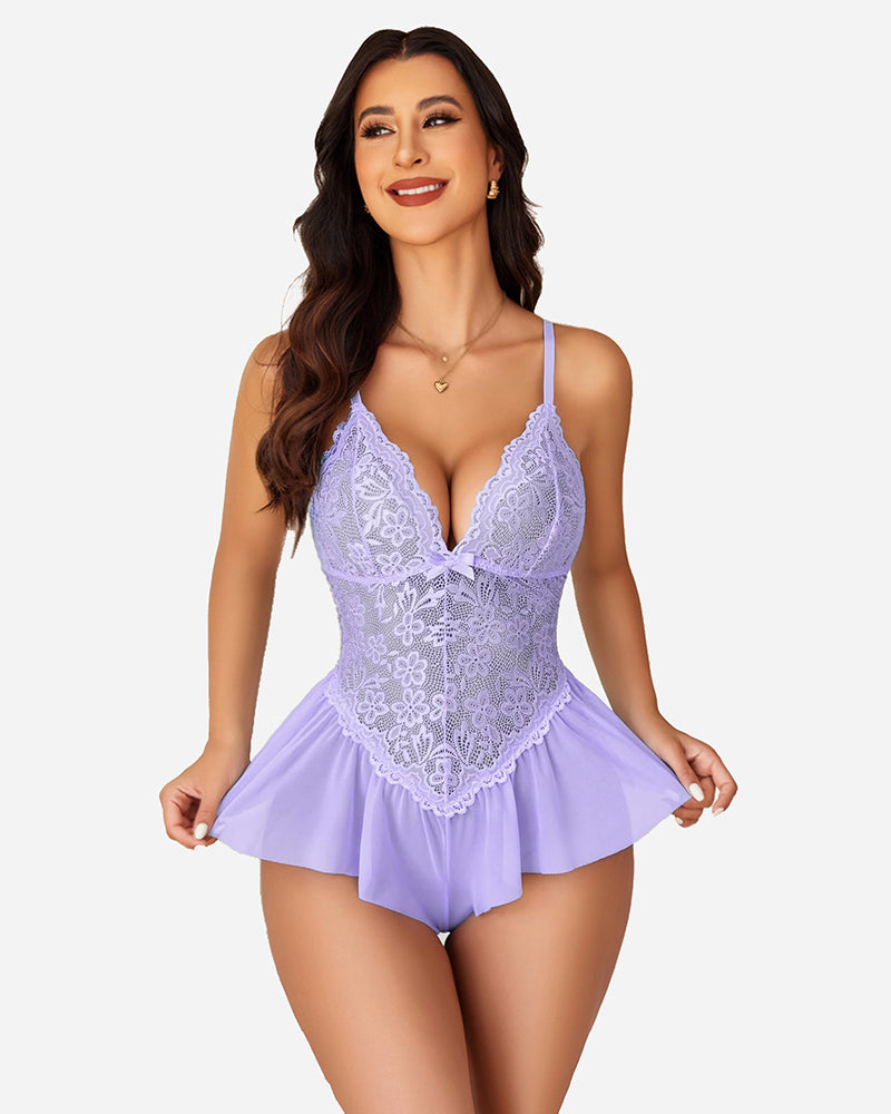 Lilac lace bodysuit one-piece teddy with deep V neckline and tiered ruffle hem