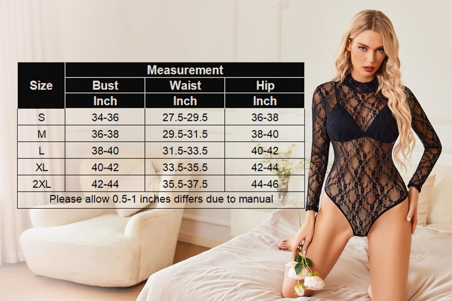 Dark lace long-sleeve jumpsuit size measurement chart with model wearing the suit
