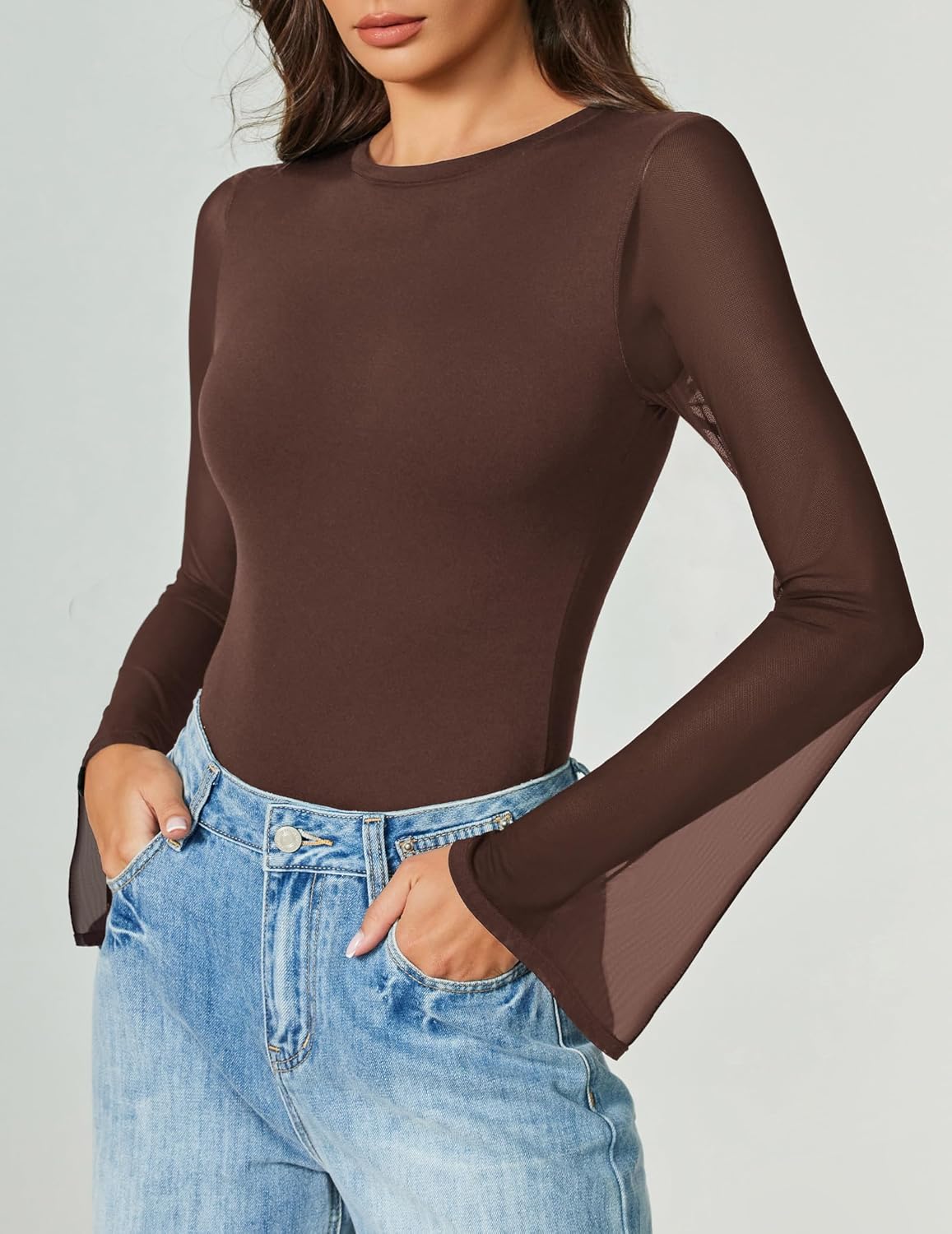 Long sleeve bodysuit, dark brown, fitted thong with flared cuffs