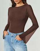 Long sleeve bodysuit, dark brown, fitted thong with flared cuffs