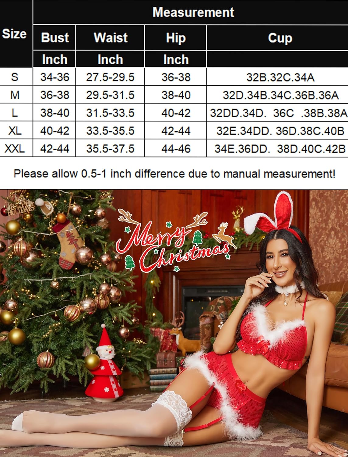 Christmas lingerie set in red with fuzzy trim bra and skirt, garter straps, and lace top stockings