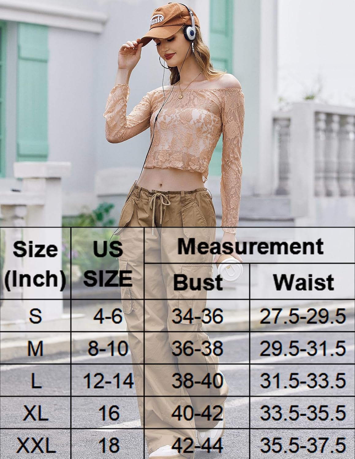 Lace mesh crop top size chart with US sizes, bust and waist measurements