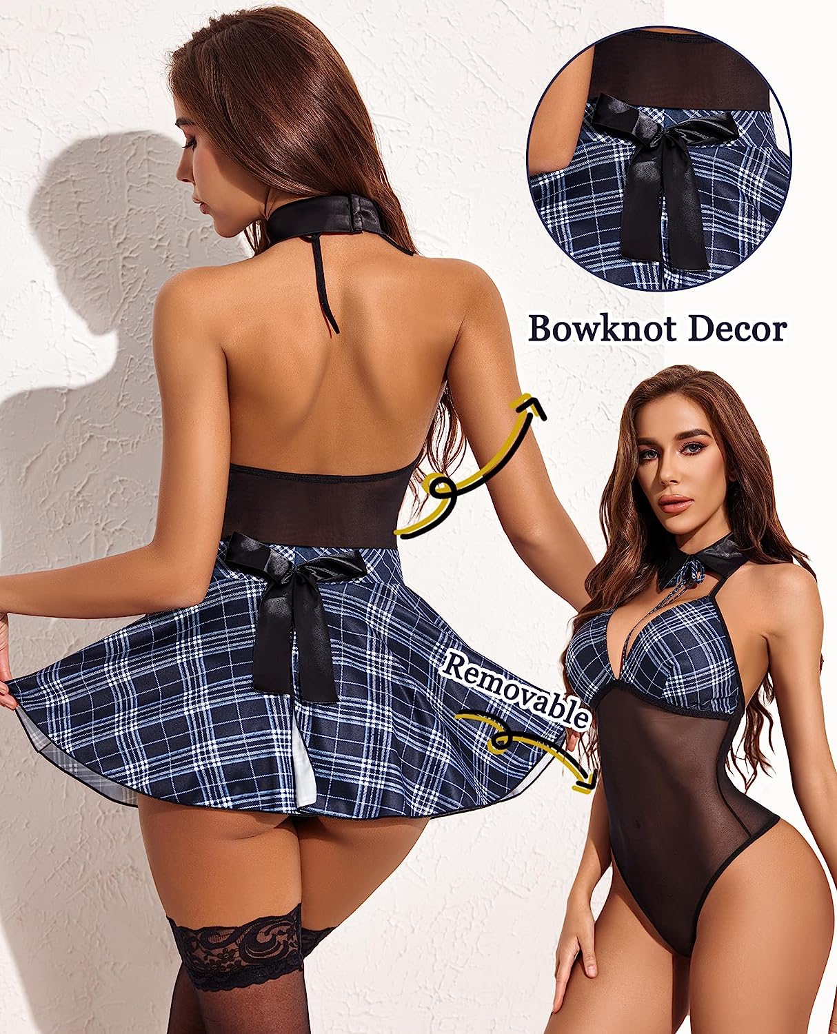 Plaid snap-crotch dress with halter tie and open-back design, black mesh bodice and flared skirt