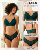 Blue-green lace bralette and lace panty set with adjustable shoulder straps