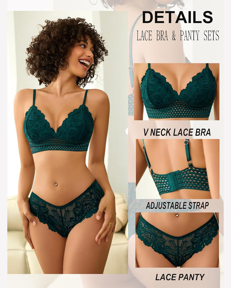 Blue-green lace bralette and lace panty set with adjustable shoulder straps