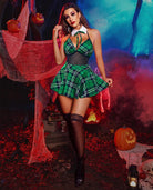 Snap-crotch halter dress with green plaid skirt and black mesh front, neck bow