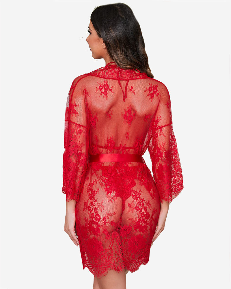 Red lace robe and teddy set back view with sheer lace robe and lace waist panel