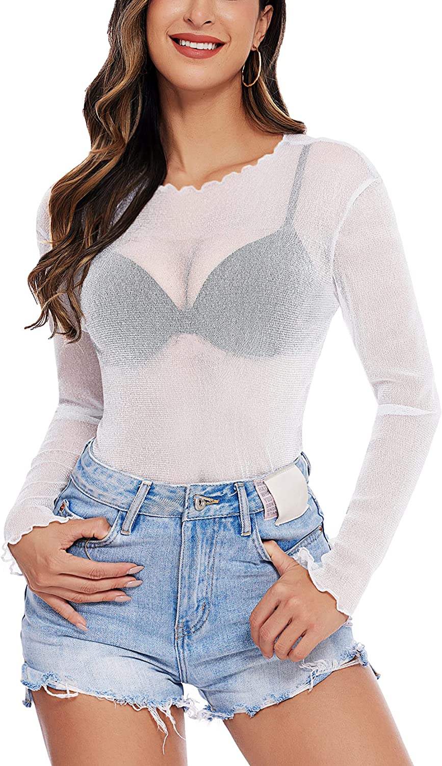 Long-sleeve mesh top in white, sheer with V neckline and scalloped crew neck