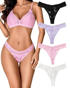 Low-rise lace Brazilian panties in pink, lavender, and white