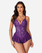 Purple lace teddy bodysuit with plunge cups and babydoll-style skirt