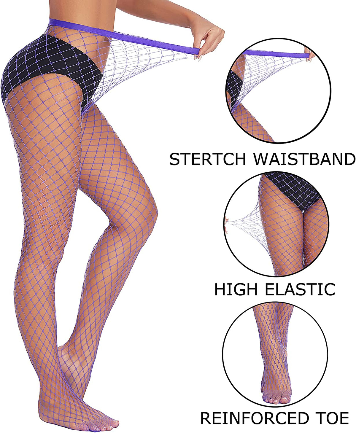 Blue-purple fishnet stockings with wide waistband, reinforced toe