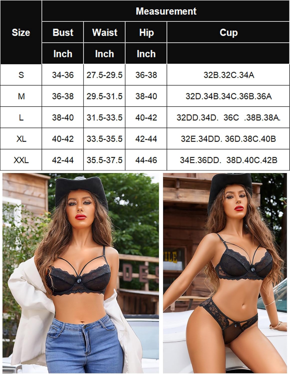 Lingerie set size chart with bust, waist, hip, and cup measurement table