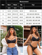 Lingerie set size chart with bust, waist, hip, and cup measurement table