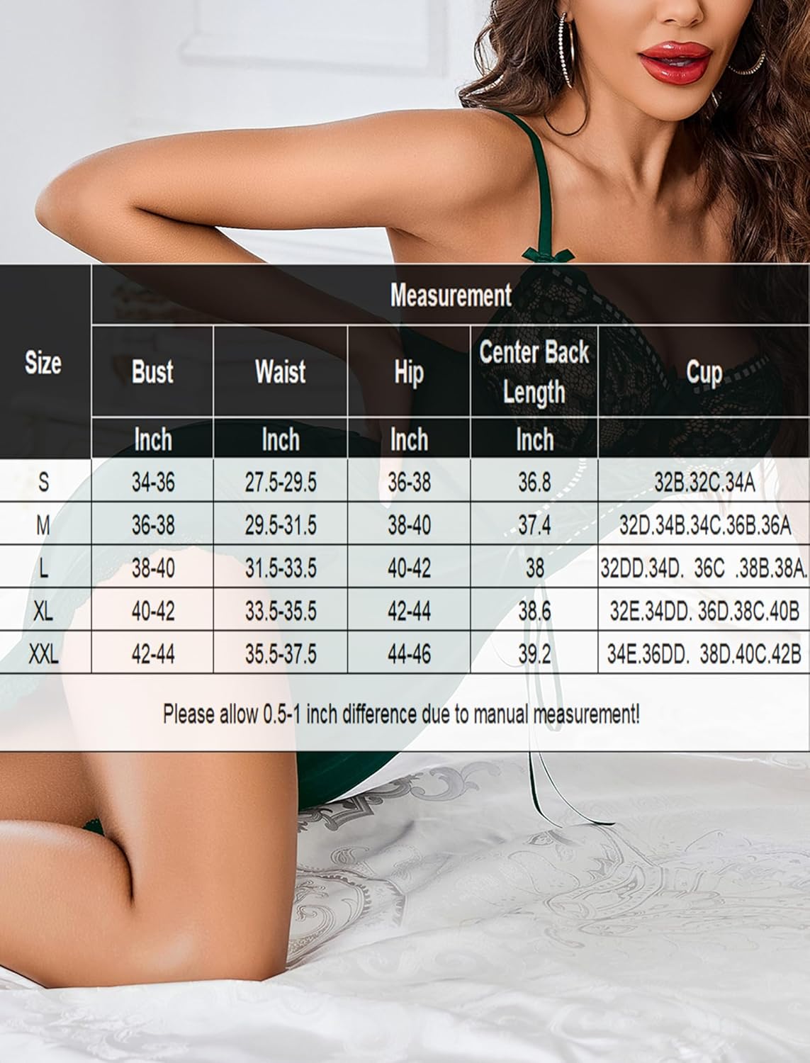Chemise size measurement chart with fabric close-up